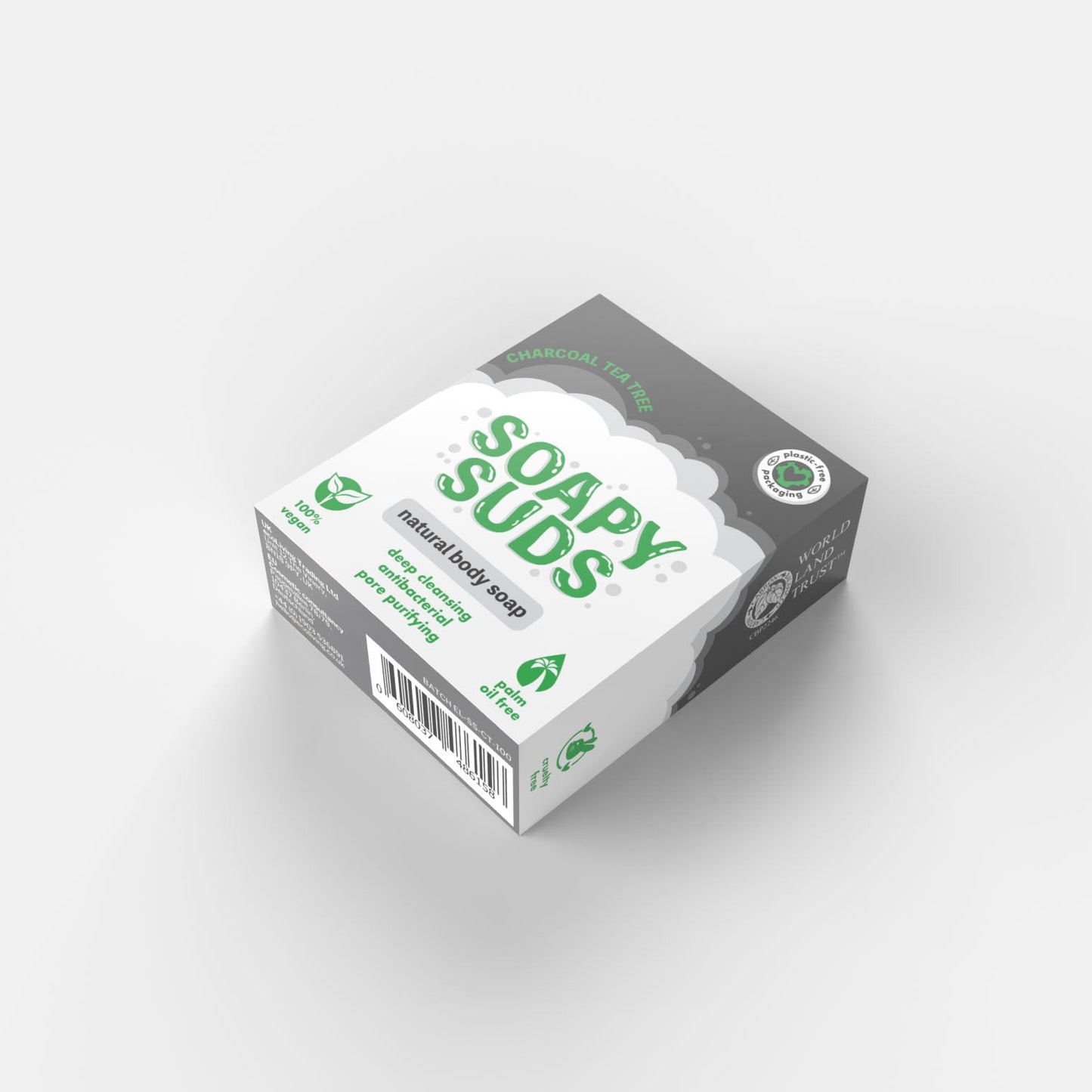 Box of Soapy Suds natural body soap on a white background