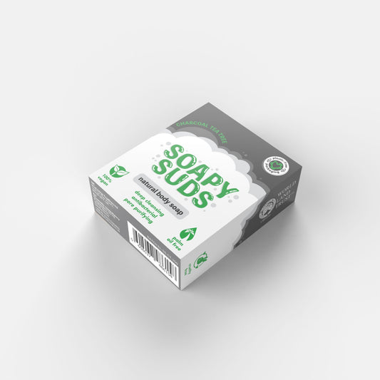 Box of Soapy Suds natural body soap on a white background