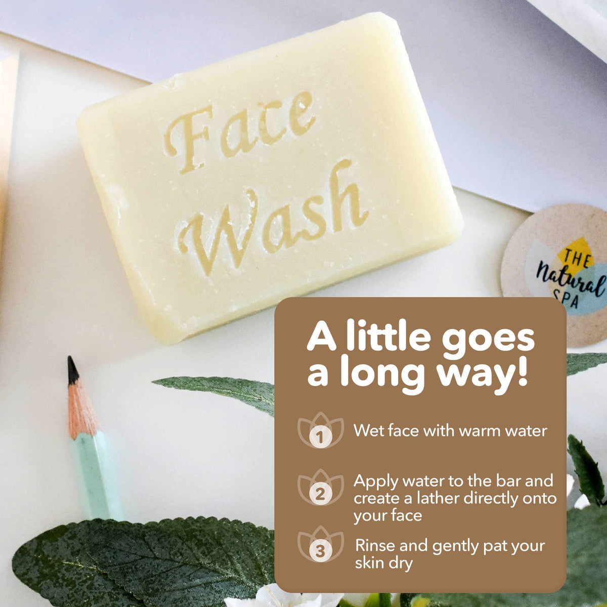 Bar of face wash with instructions on a white background