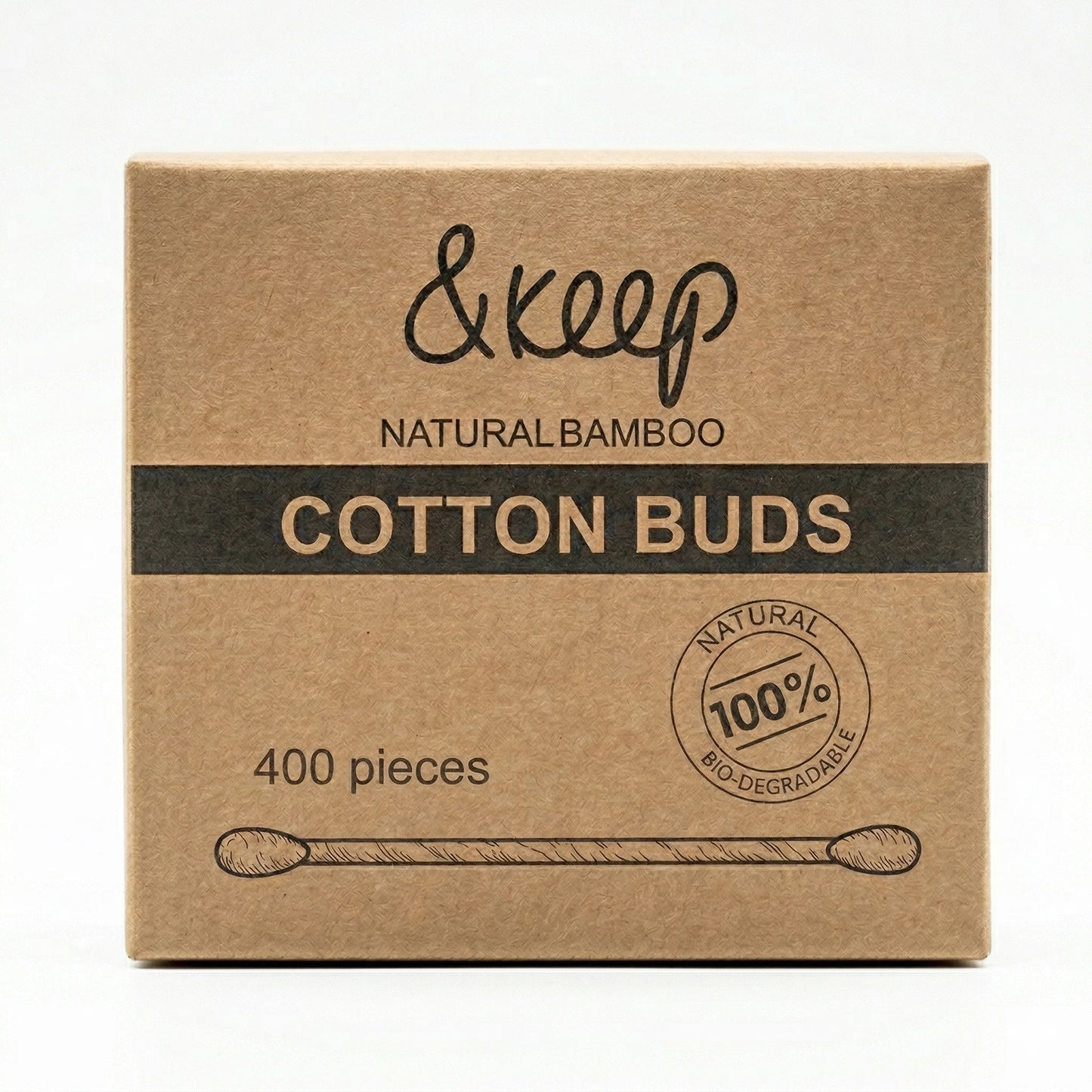 A square kraft paper box of &keep Natural Bamboo Cotton Buds, featuring a black horizontal band with gold lettering and a circular '100% Natural Bio-degradable' seal, on a white background.
