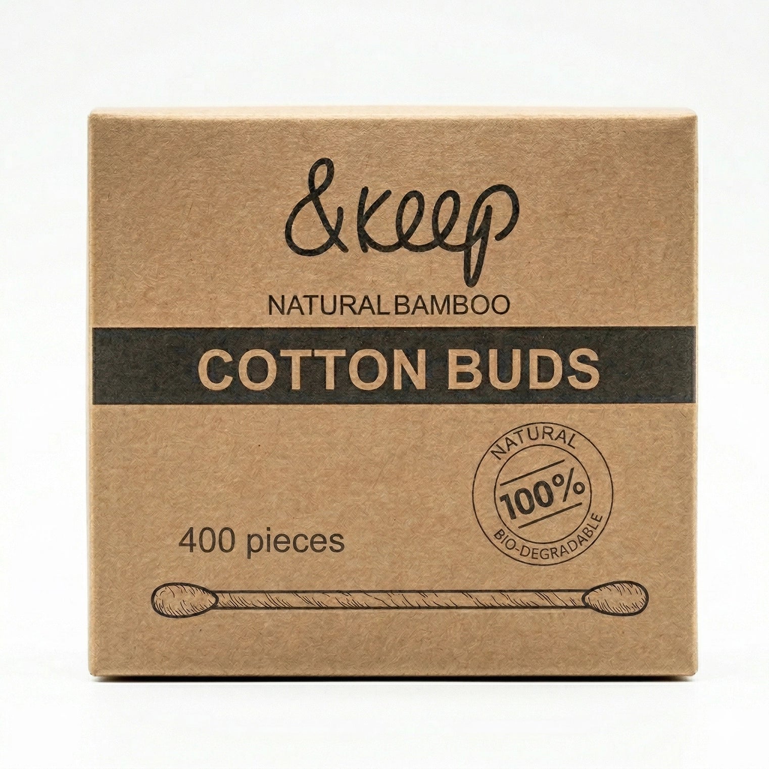 A square kraft paper box of &keep Natural Bamboo Cotton Buds, featuring a black horizontal band with gold lettering and a circular '100% Natural Bio-degradable' seal, on a white background.