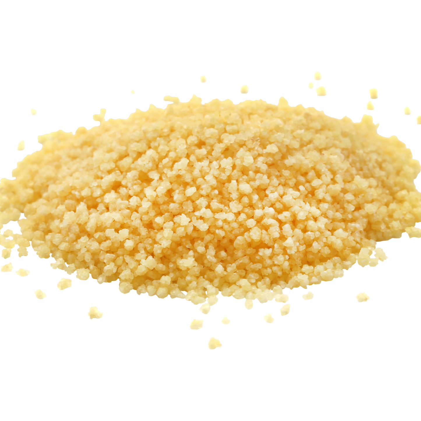 Pile of yellow couscous on a white background