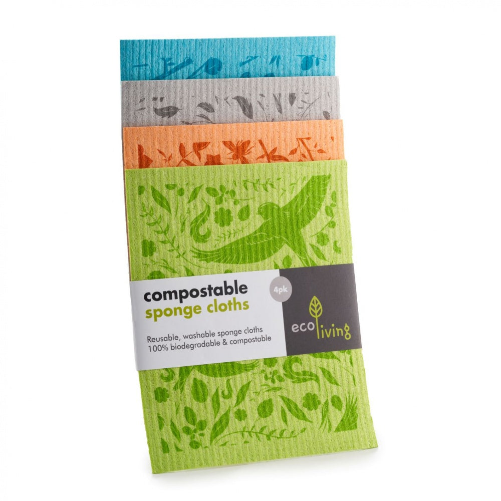 Pack of compostable sponge cloths with visible branding set on a white background