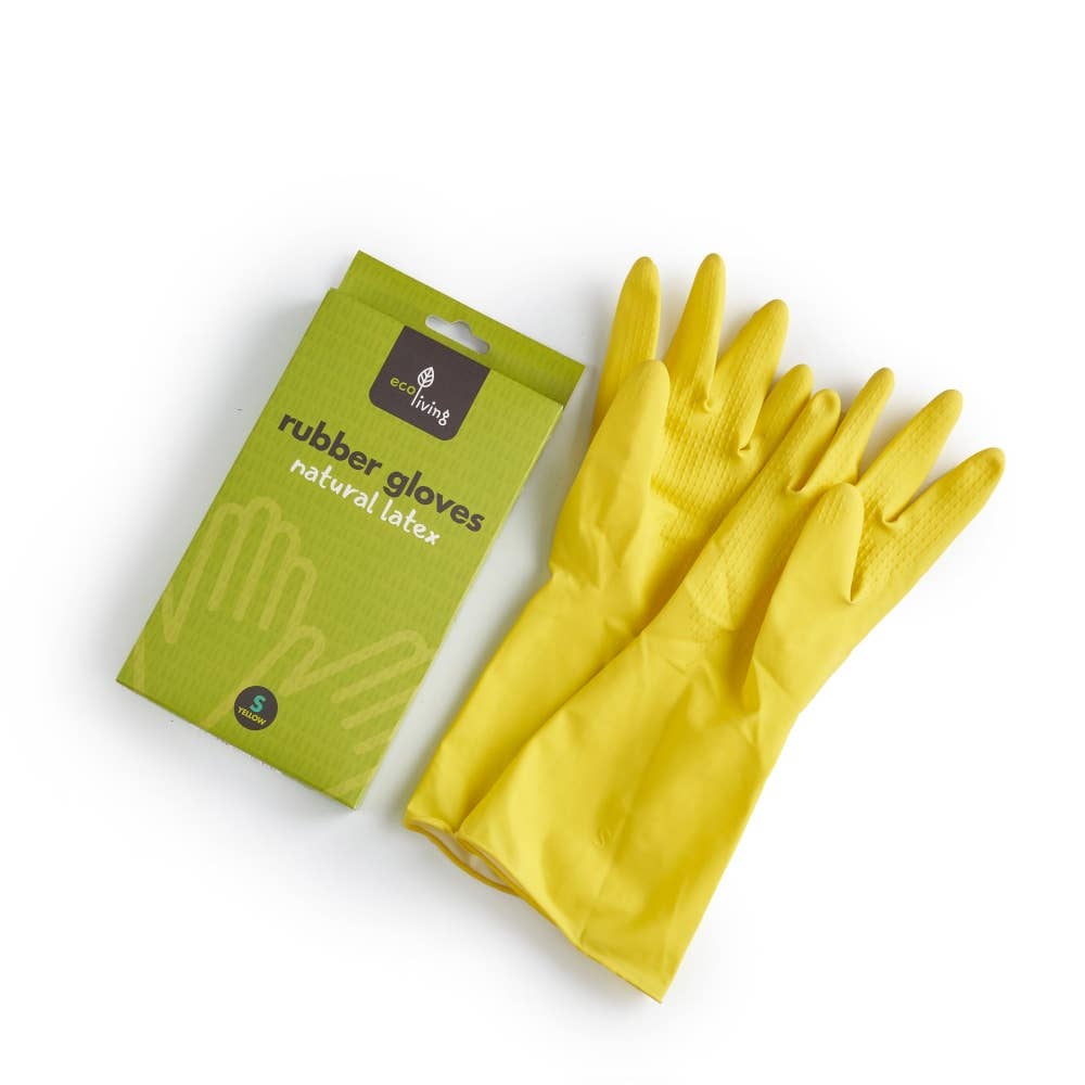 Yellow rubber gloves with a green packaging box on a white background