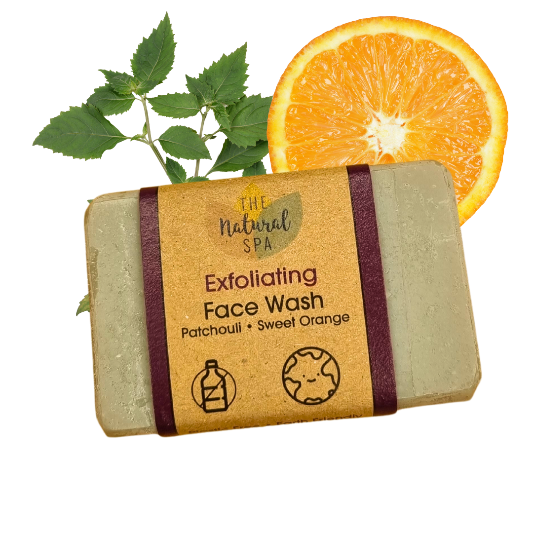 Exfoliating face wash bar with natural ingredients on a white background