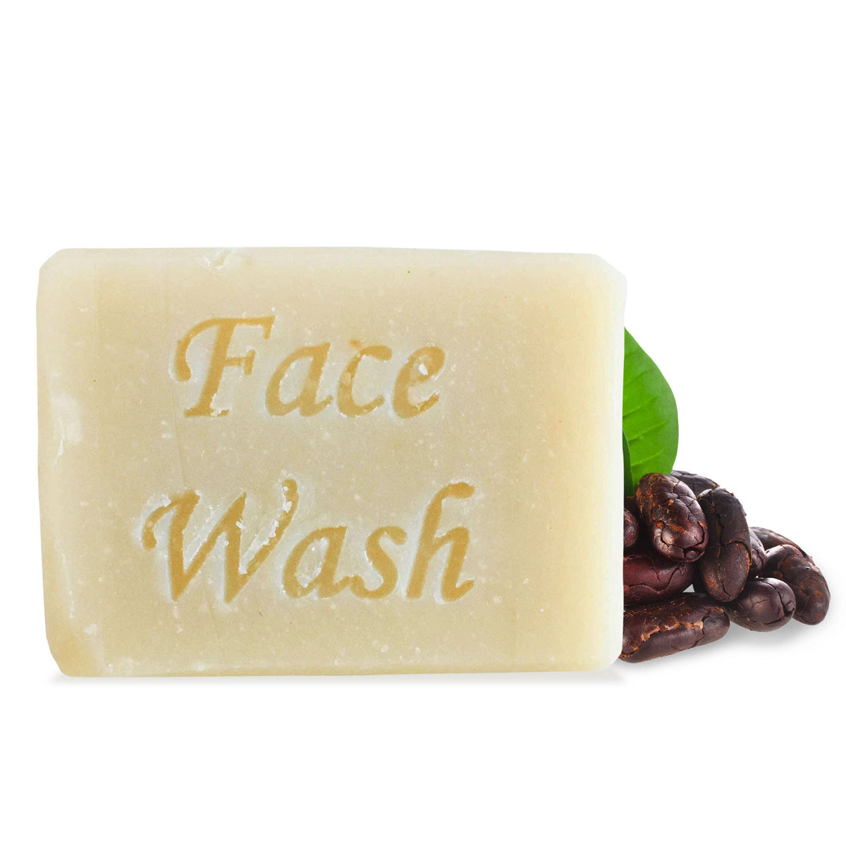 Bar of soap labeled 'Face Wash' with cocoa beans and a leaf on a white background