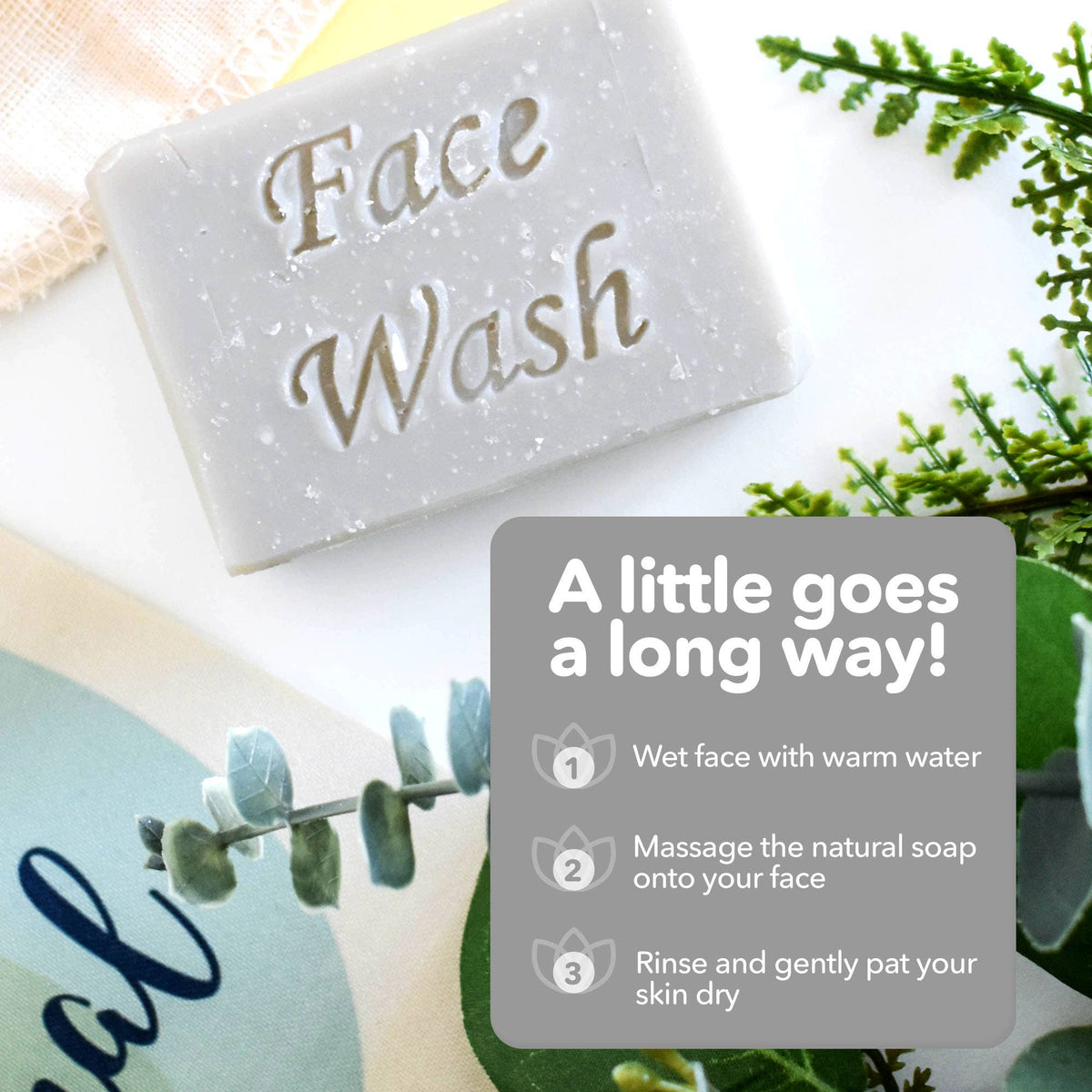 Bar of face wash with text and greenery in the background and description off usage instructions