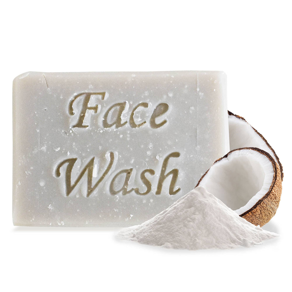 Bar of face wash with coconut and coconut shavings on a white background