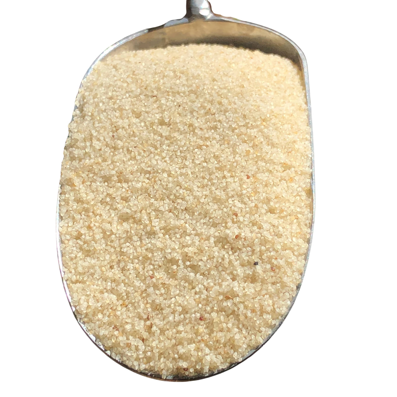 Metal scoop filled with fonio on a white background