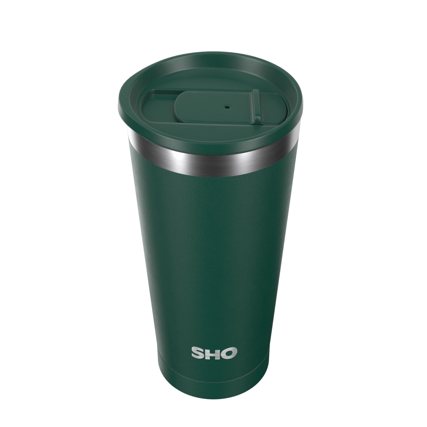 Forest Green colour SHO Calix metal  insulated 500ml coffee cup with a slider lip, on a white background