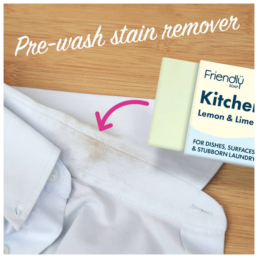 Pre-wash stain remover Friendly Kitchen soap bar with a white shirt and wooden surface