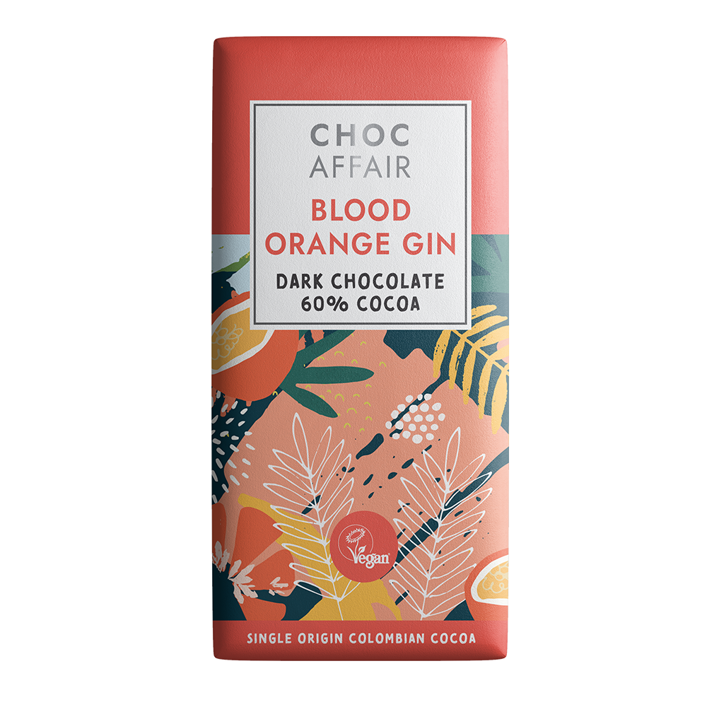 Choc Affair Blood Orange Gin dark chocolate bar packaging with floral design