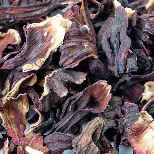 Close up of red, dried Hibiscus flower petals used for making a tea