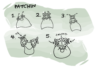 A hand-drawn instructional sequence labeled 'PATCHIN' with five numbered steps showing a simple line illustration of a of the steps Ito create a Patching handle bag all set on a pale green background. 