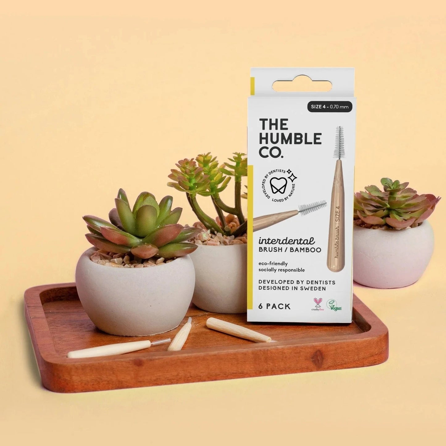 The Humble Co. interdental brush packaging with bamboo toothbrushes on a wooden tray with succulents.