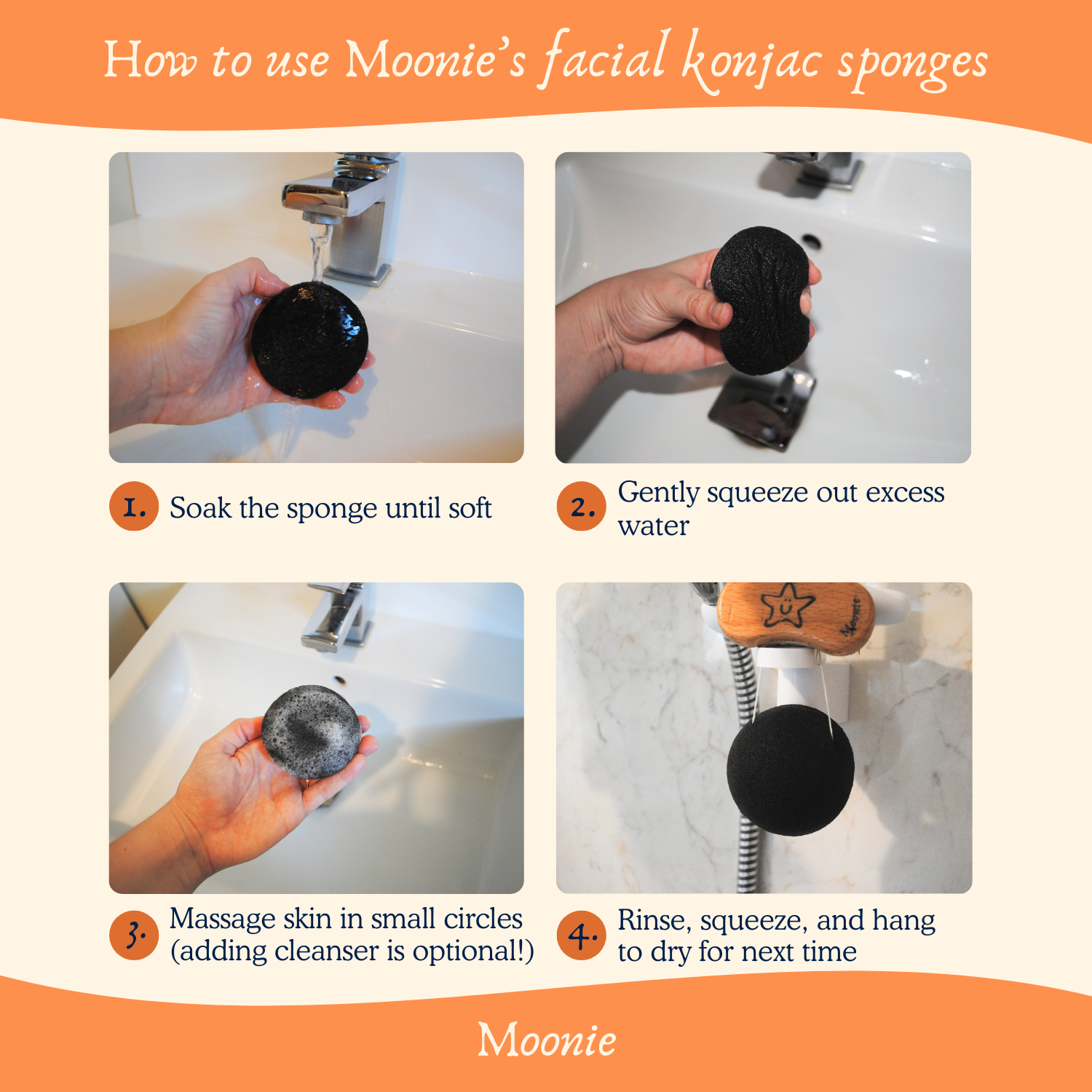 Instructions on how to use Moonie's facial konjac sponges with step-by-step images.