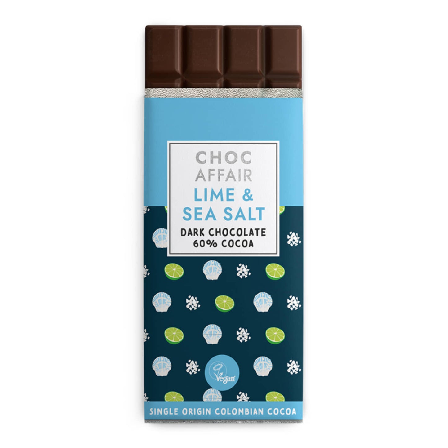 Choc Affair, Lime & Sea Salt dark chocolate bar (vegan) with a blue label on a white background.