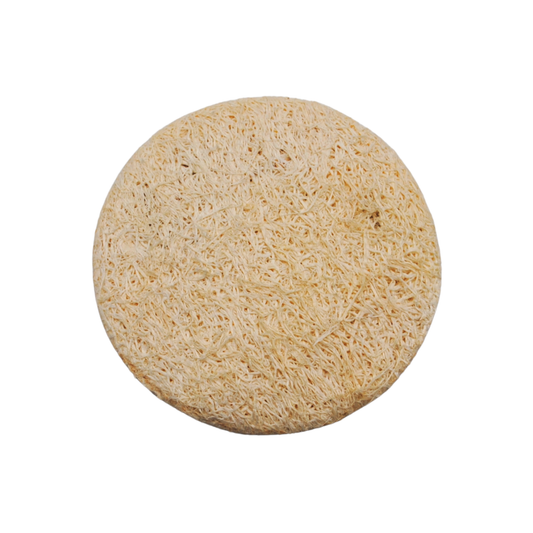 Round beige loofah disc on a white background