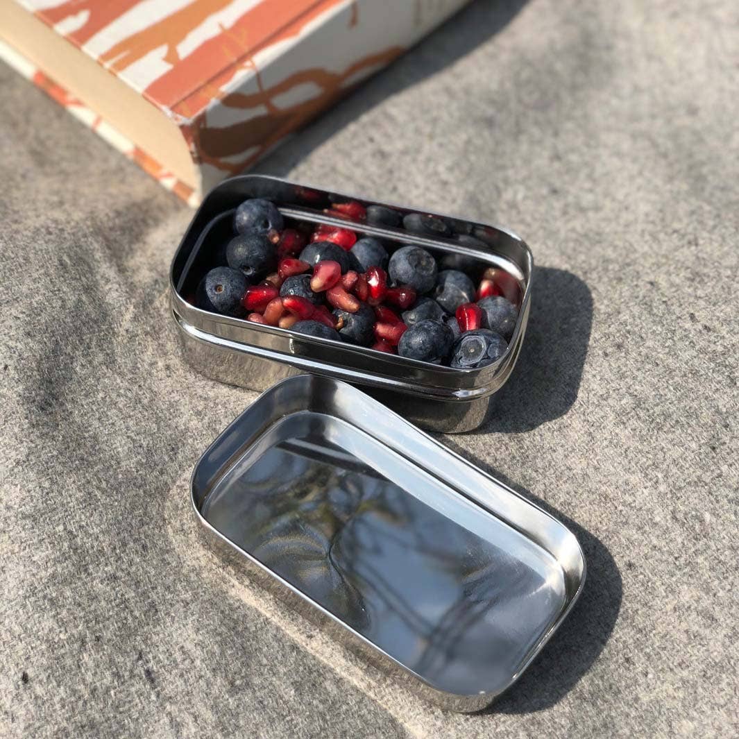A stainless steel rectangular food storage container with its lid off, filled with blueberries and red pomegranate seeds, placed on a gray textured surface outdoors.