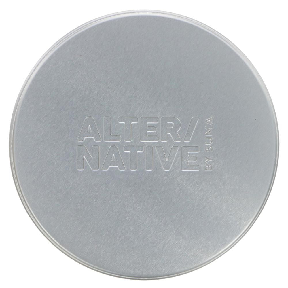 Round aluminium round soap tin  on a white background with 'Alter/native by Suma' branding