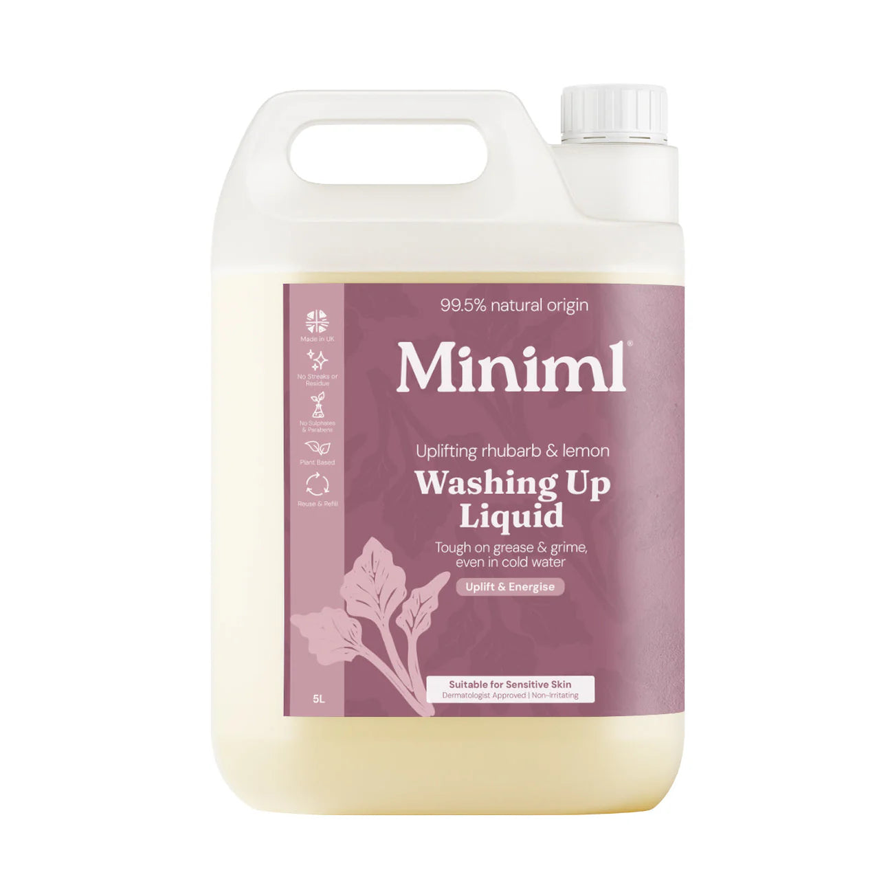 Miniml washing up liquid bottle with purple label photographed on a white background