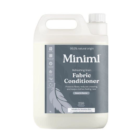 Fabric conditioner bottle with 'Miniml' label photographed on a white background