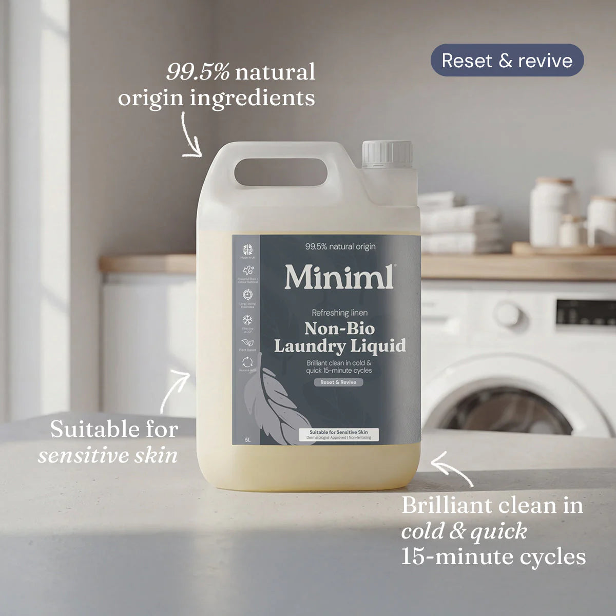 Miniml laundry liquid bottle with text highlighting features on a kitchen counter.