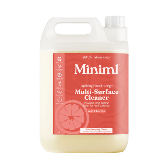 A 5-litre plastic bottle of Miniml Uplifting Blood Orange Multi-Surface Cleaner, featuring a white handle and cap with an orange label.