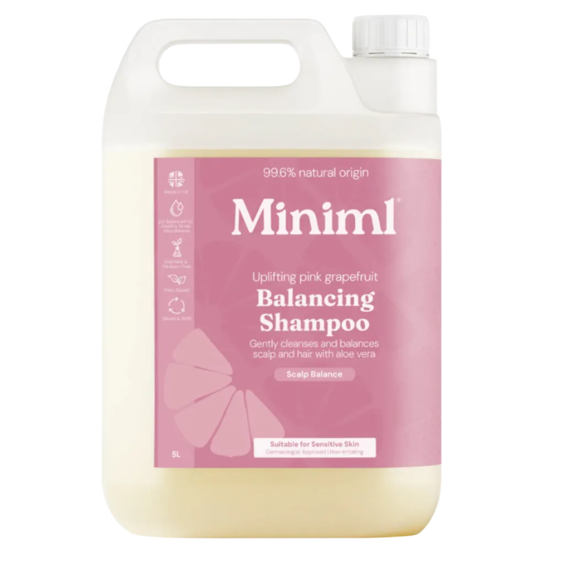 Large bottle of Miniml balancing shampoo with pink label on a white background