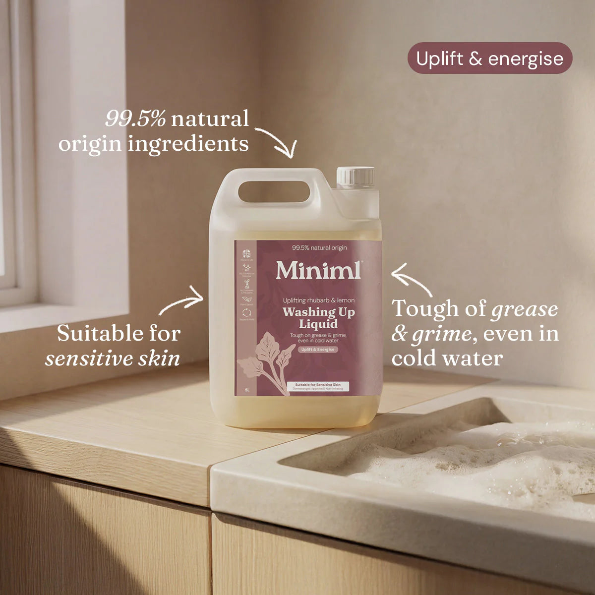 Miniml washing up liquid bottle on a kitchen counter with text highlighting features