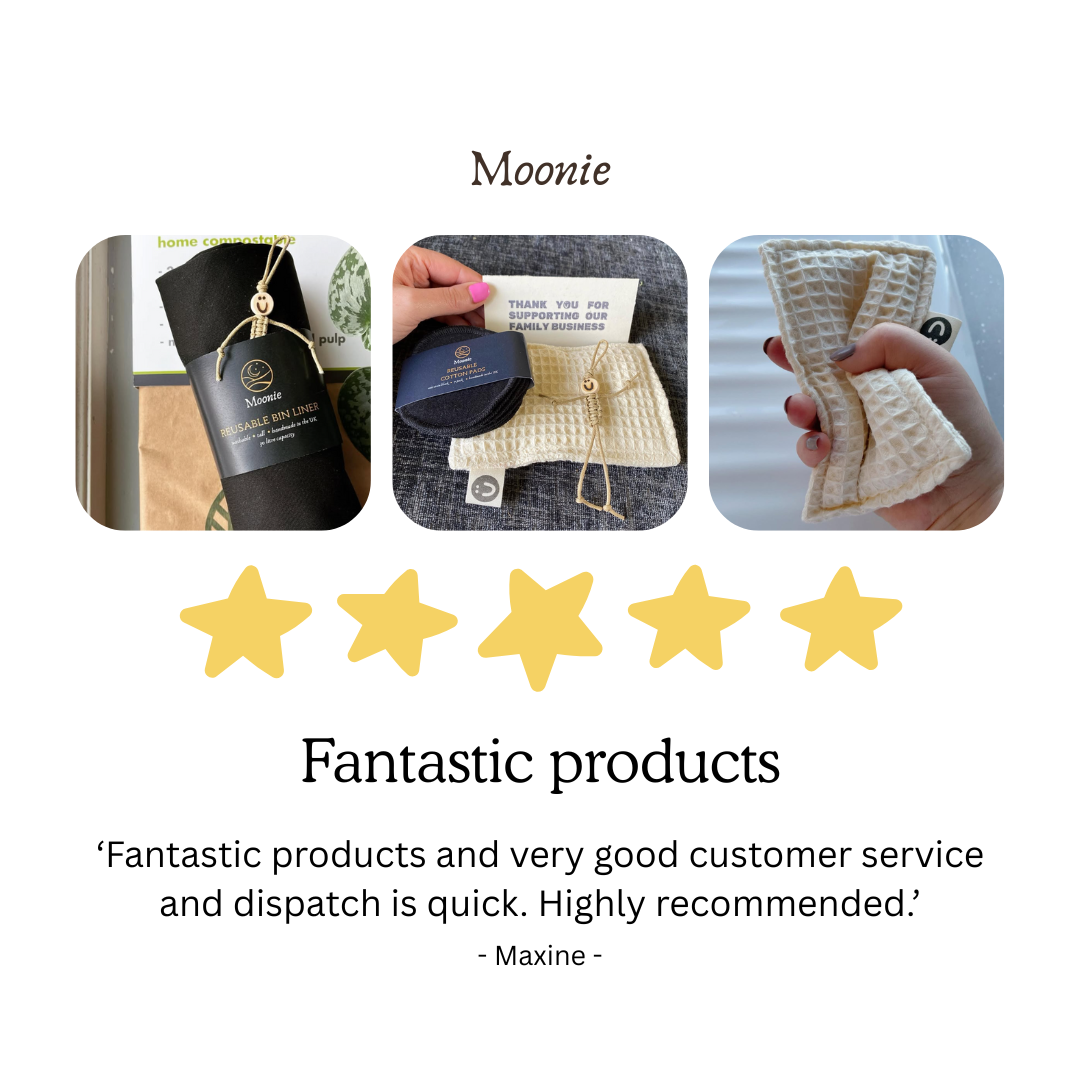 Product reviews with images and a five-star rating for Moonie brand.
