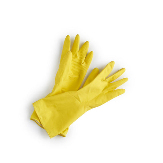 Pair of yellow natural rubber gloves on a white background