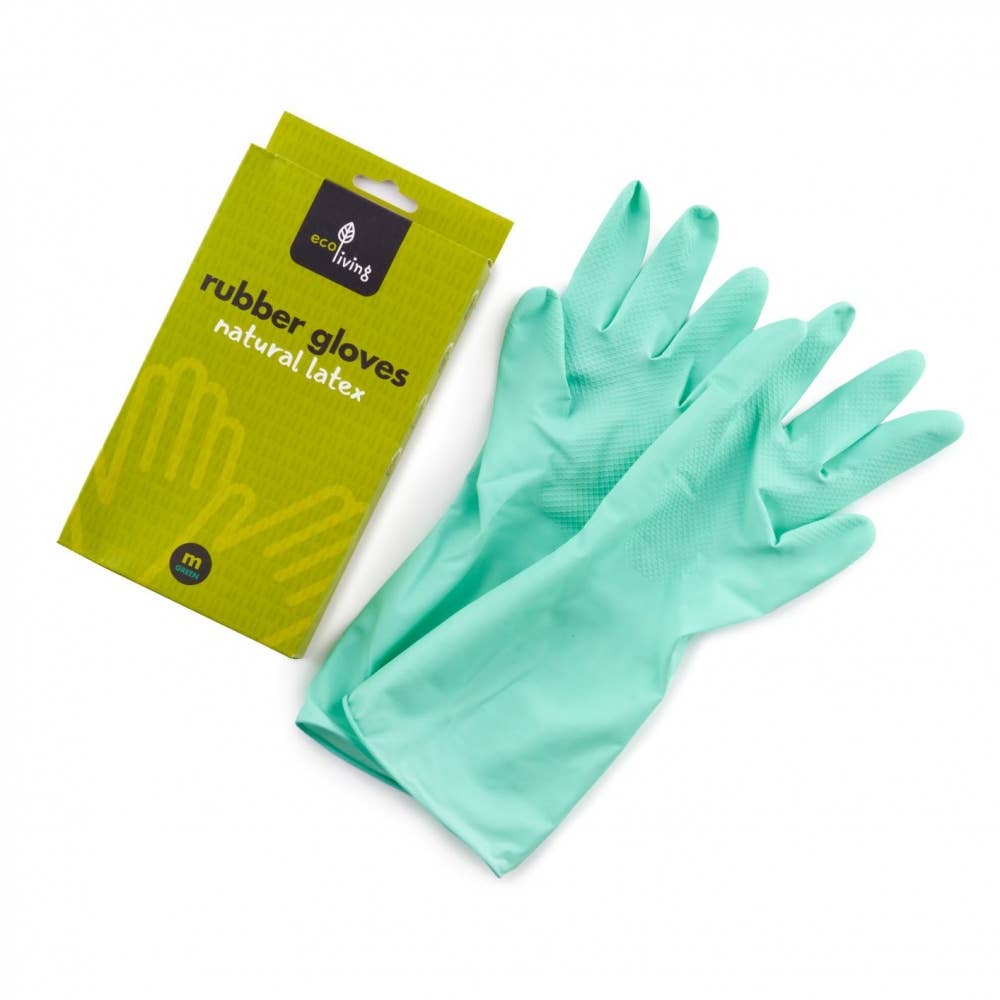 Green rubber gloves with packaging on a white background