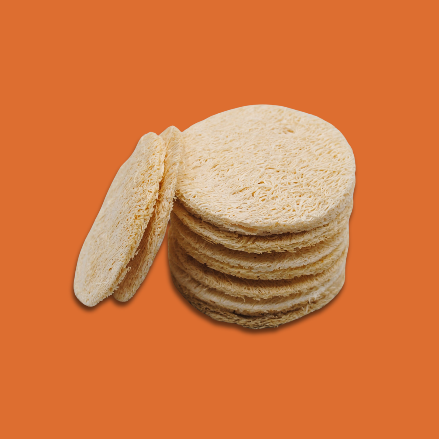 Stack of round, beige loofah plant discs on an orange background