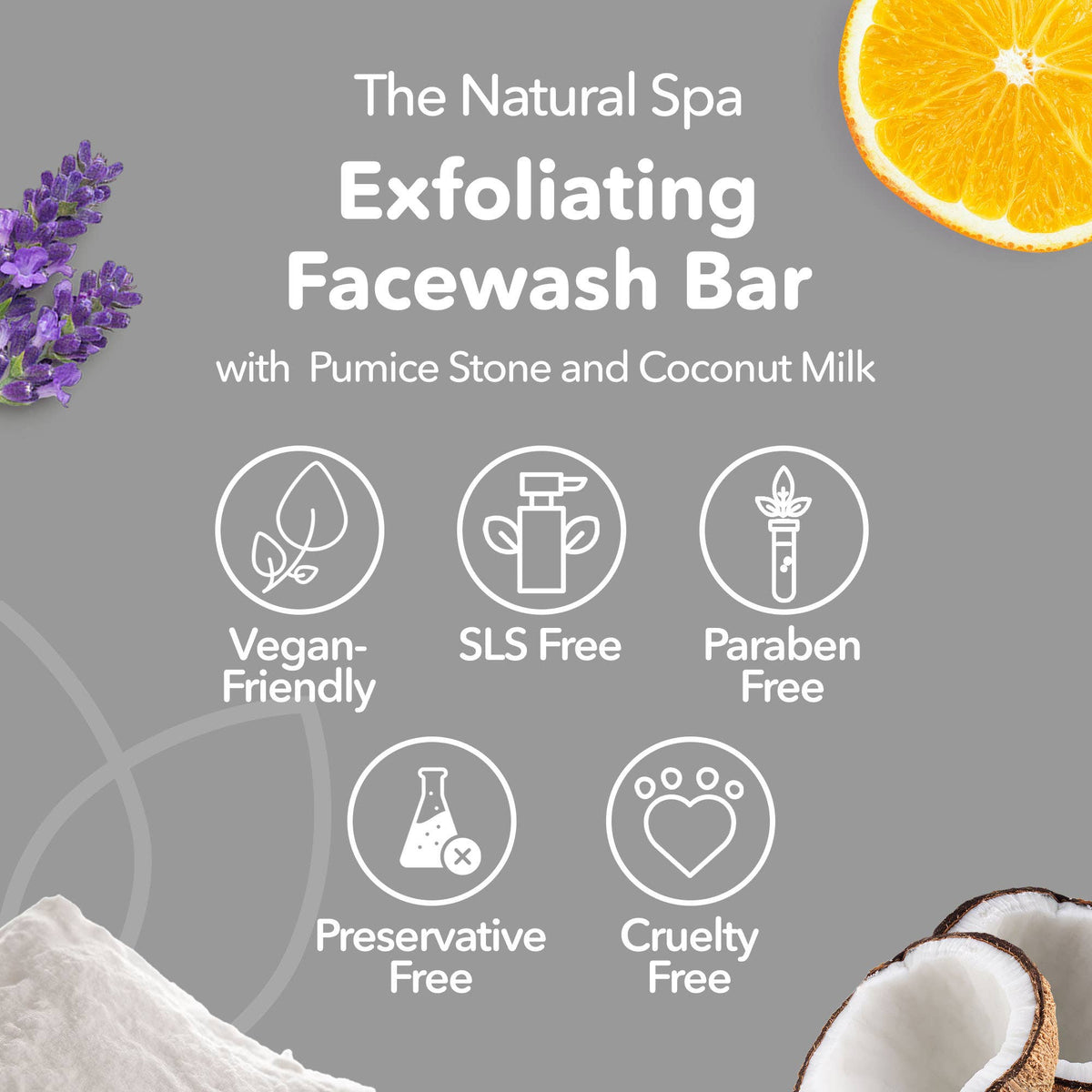 Exfoliating facewash bar description with natural ingredients and benefits on a gray background