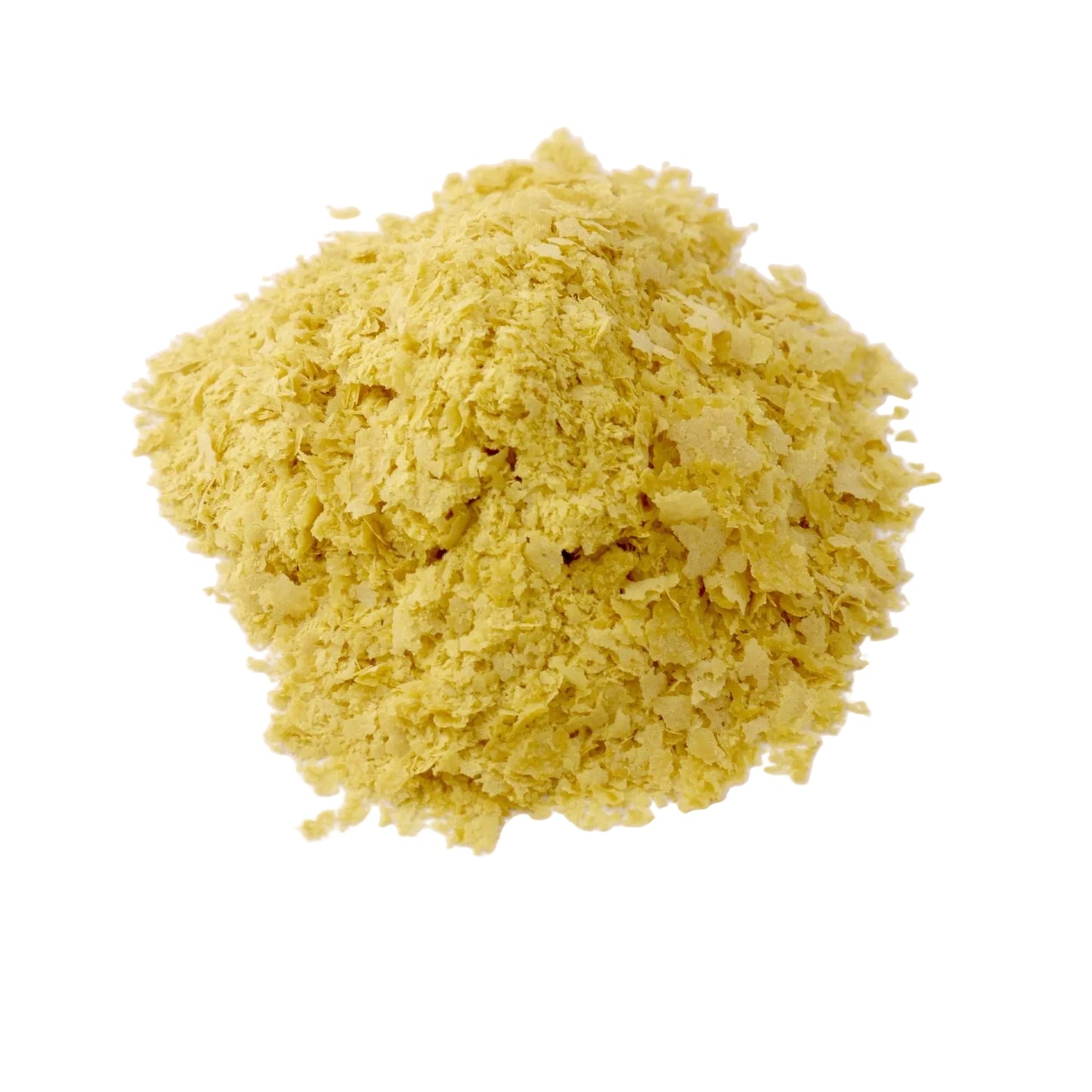 A small mound of pale yellow powder or flakes centered on a plain white background.