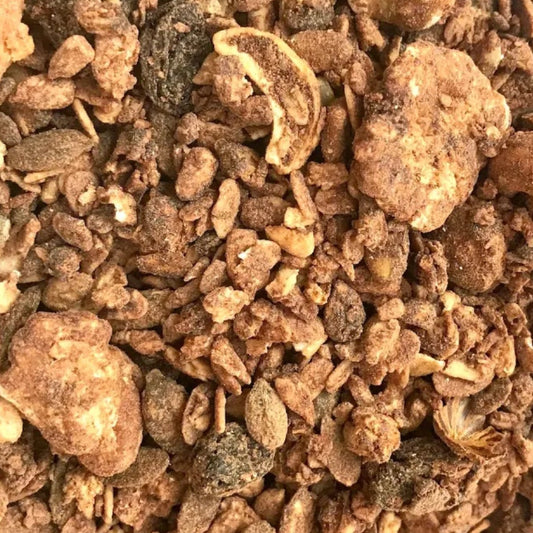 Close-up of a mix of oats, nuts and dried fruit granola