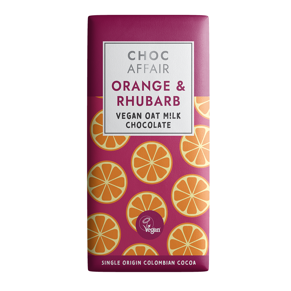 Choc Affair Orange & Rhubarb Vegan Oat Milk Chocolate bar packaging, featuring a magenta background with orange slice illustrations and a white label box.