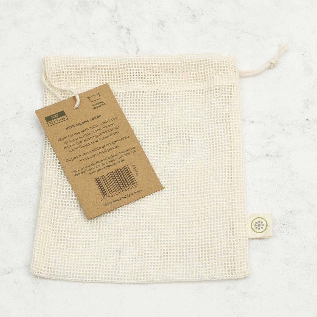 A small mesh fabric bag with a drawstring shown on a marbled white background