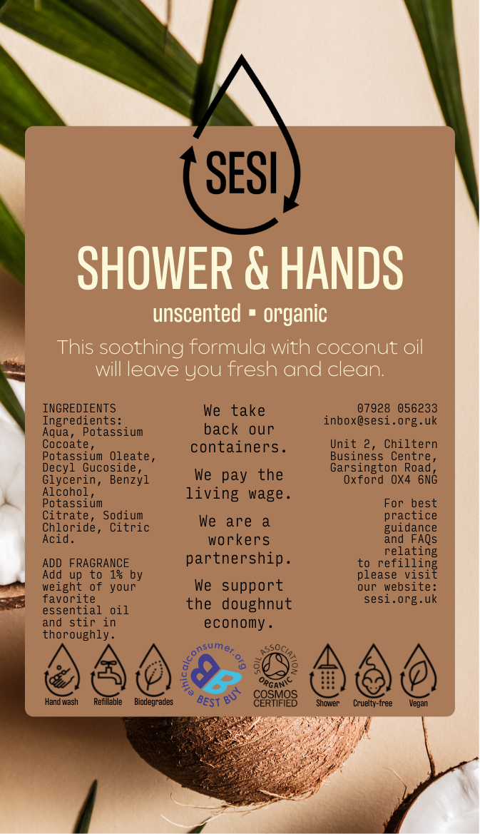 SESI Shower Hands organic brown label on a coconut illustrated background with product ingredients listed