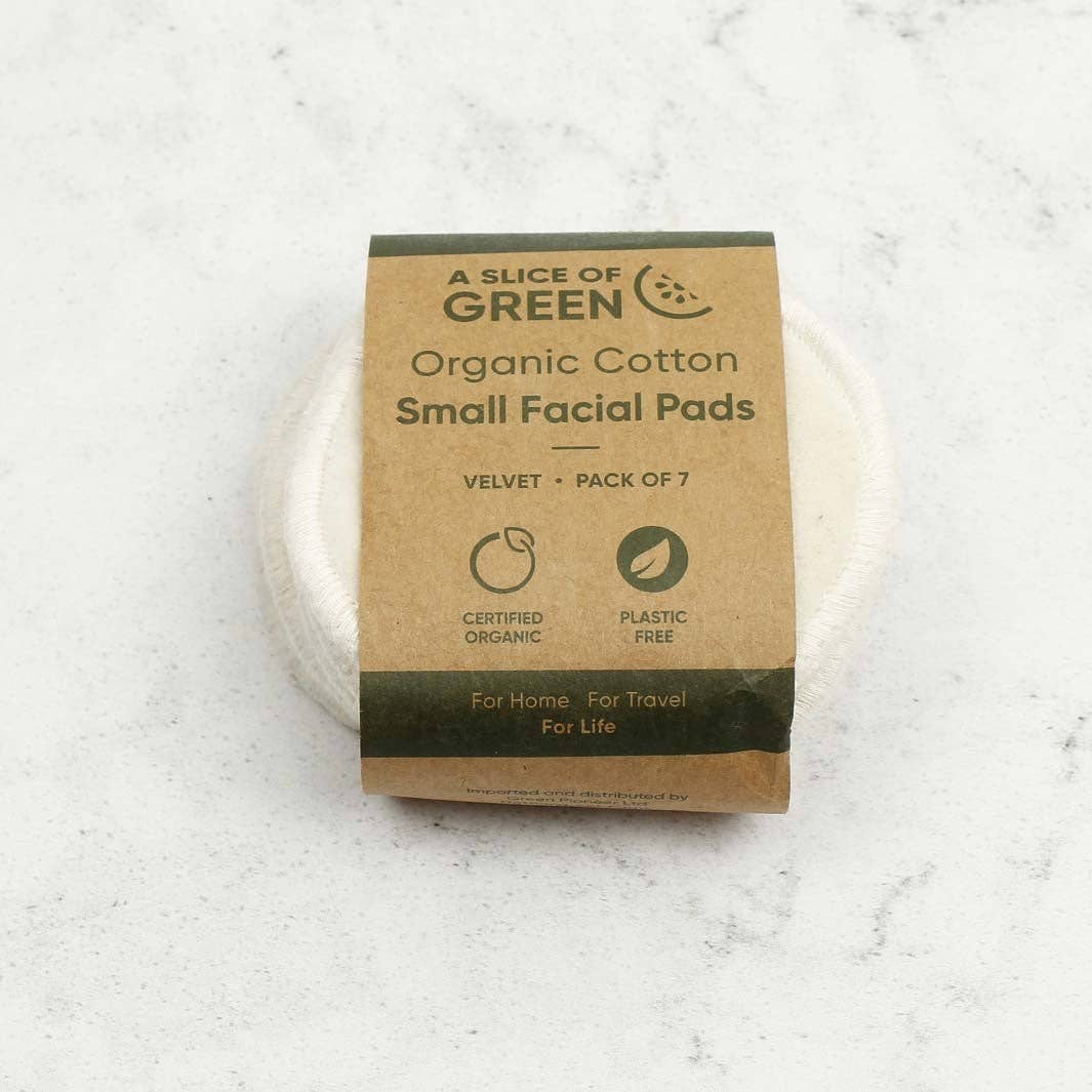 Pack of organic cotton small facial pads with 'A Slice of Green' branding on a light gray background.