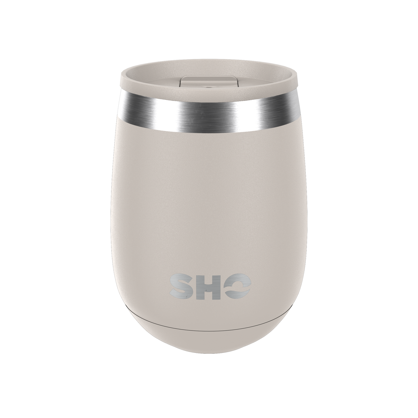 A sleek, insulated stainless steel tumbler with a matte beige finish and a brushed silver band near the slider lid. The brand name 'SHO' is embossed on the lower front.