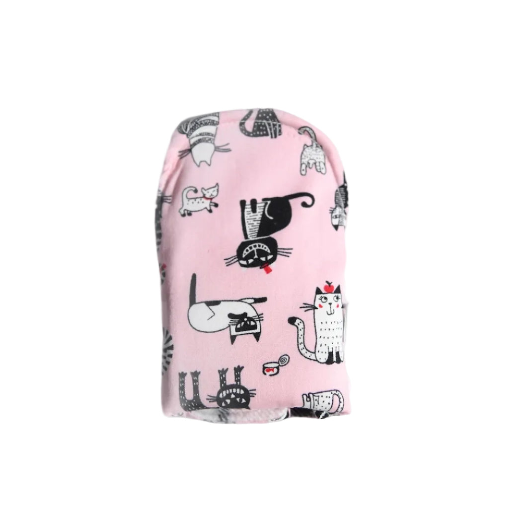 Pink cotton washable period pad on a white background with cute cat illustrations 