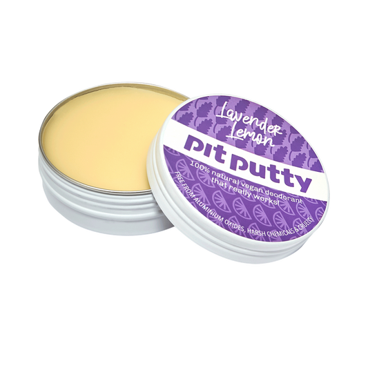 Pit Putty deodorant in a purple container on a white background