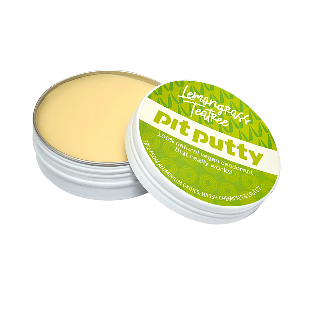 Pit Putty deodorant in a tin with a green label on a white background
