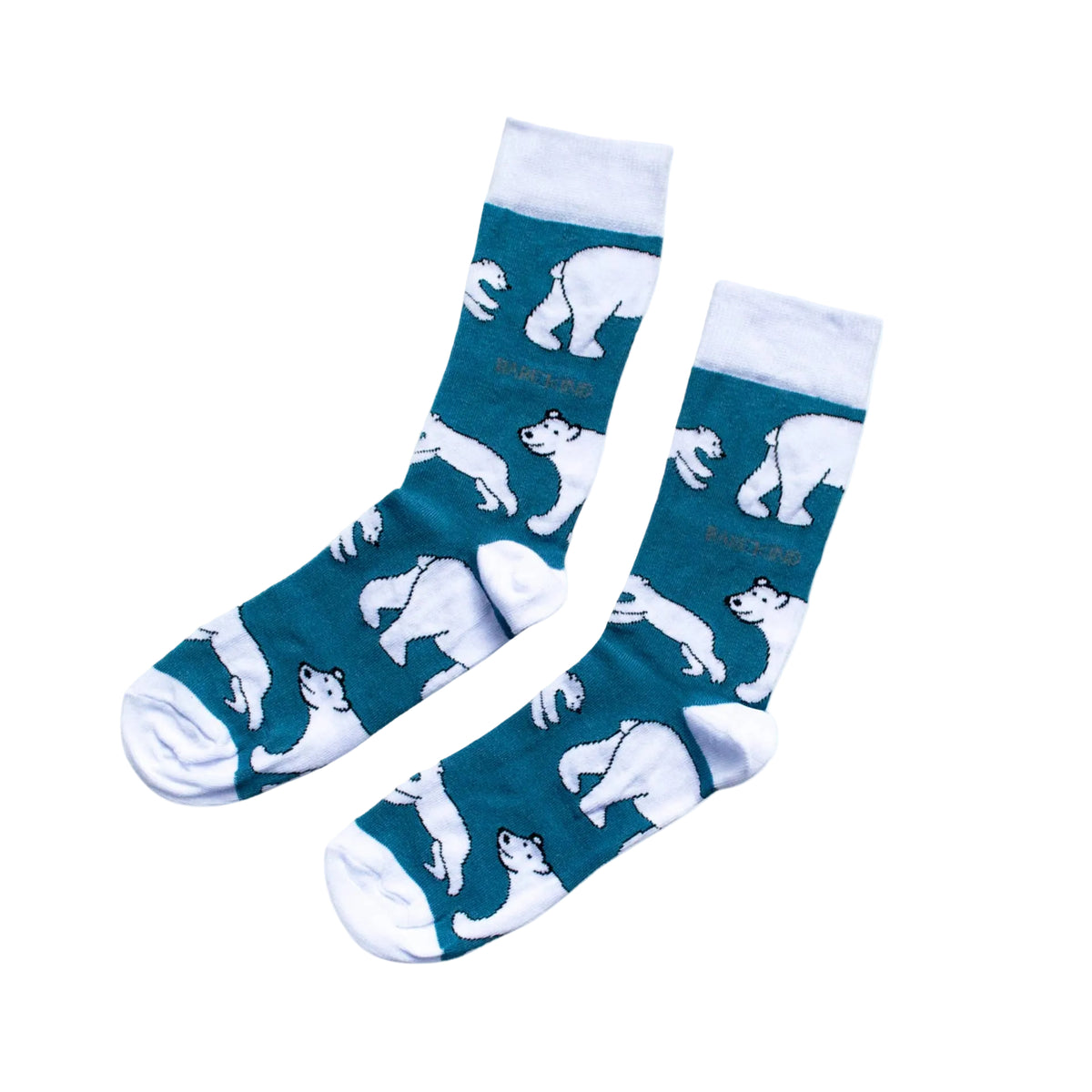 A pair of crew socks with a dark teal background and a white polar bear pattern, shown on a plain white background.