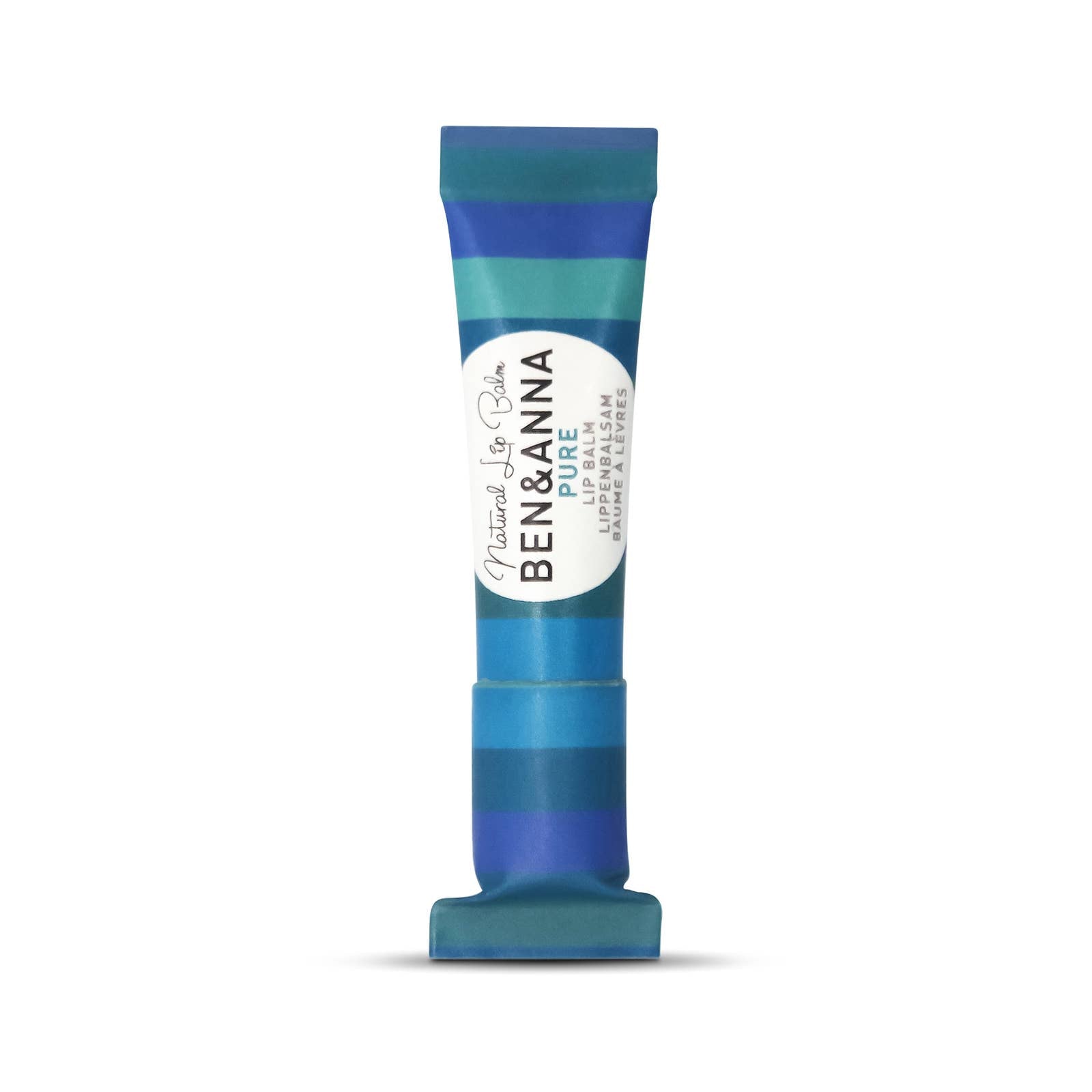 Blue lip balm tube with a white label on a white background