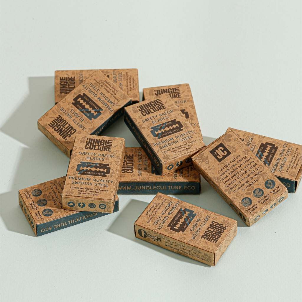 Jungle Culture safety razor blades packaging on a light gray background