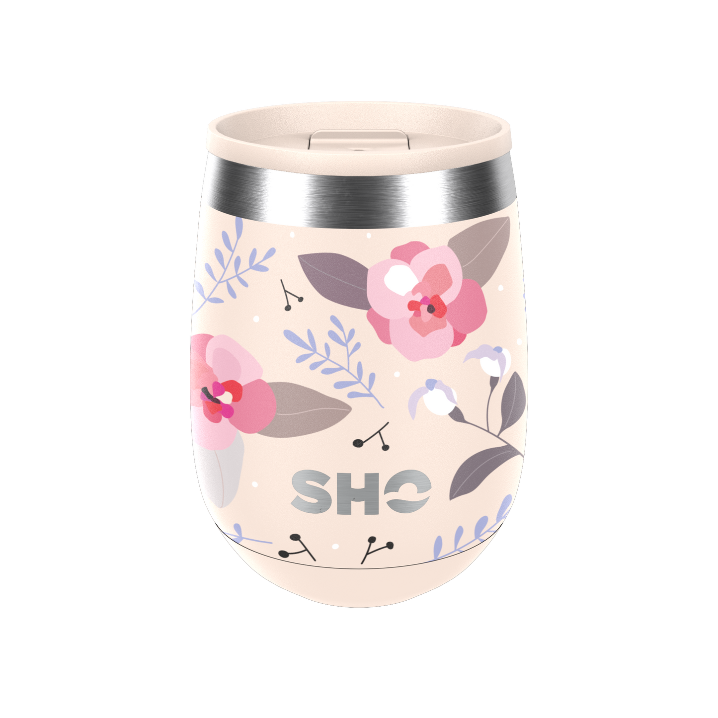 A cream-coloured insulated stainless steel tumbler with a floral pattern in pink, purple, and gray, featuring the letters 'SHO' on the front.