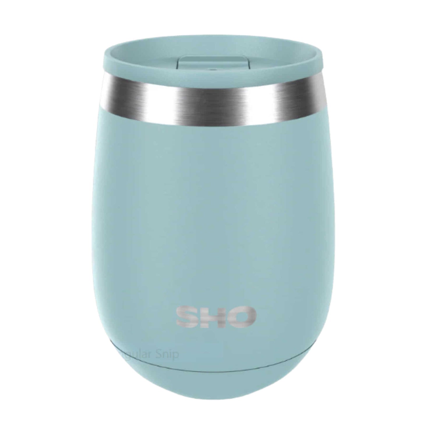 Light blue tstainless steel, insulated tumbler with slider lid on a white background
